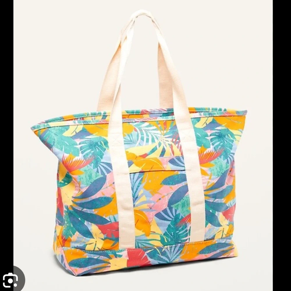 Old Navy Tropical Multicolor Canvas Tote Bag Zip Top Beach Everyday Carryall
